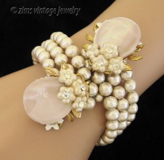 Vintage 1950’s Wide Beige Faux Pearl Shell Rhinestone Floral Coil Wrap Bracelet
