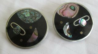 Vintage Art Deco Sterling Silver & Abalone Round Galaxy Clip Earrings