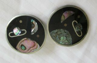Vintage Art Deco Sterling Silver & Abalone Round Galaxy Clip Earrings 2