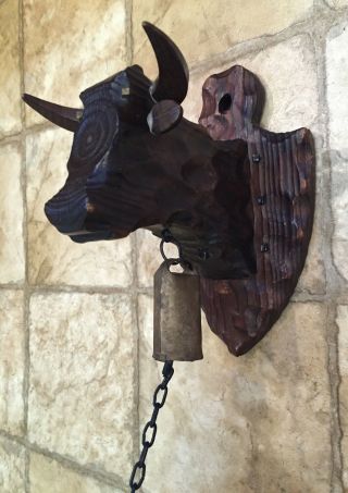 Vintage Carved Wood Steer /bull Dinner Bell Wall Mount