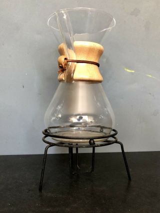 Vtg Chemex Pour Over Coffee Maker W/wood Collar 9”,  Stand Mcm Retro Pyrex