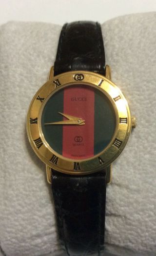 Authentic Vintage Gucci Women’s Watch W/ Green And Red Dial With Black Leather