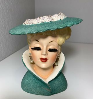 Vintage 1959 Napco Lady Head Vase C3815c Green Hat & Coat Pearl Earrings 5 "