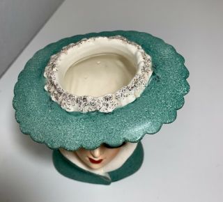 Vintage 1959 NAPCO Lady Head Vase C3815C Green Hat & Coat Pearl Earrings 5 