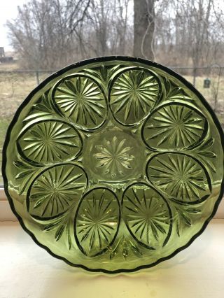 Vintage Green Glass Serving Bowl With Starburst Design Scalloped Edges