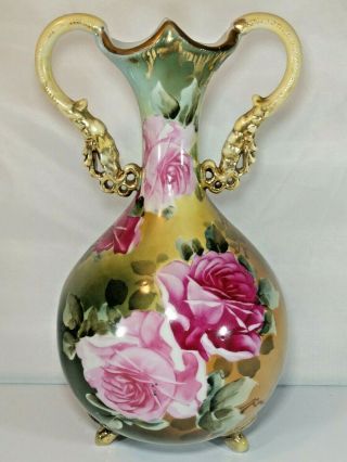 Vintage Nippon Hand Painted Vase Pink & Red Roses Size - 10.  5 " Repaired