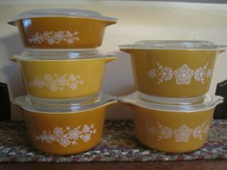 Vintage Set 5 Pyrex Butterfly Gold Casserole Dishes & Covers 471 472 473