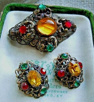 Vintage Victorian Revival Glass Cabochon Rhinestone Filigree Pin Earring Set