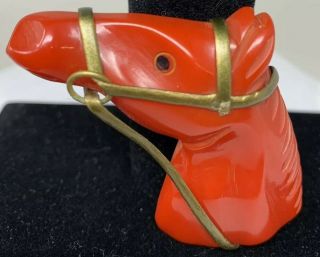 Vintage Red Carved And Embellished Bakelite Horse Head Brooch / Pin