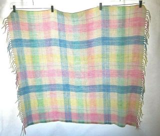 Vintage Pastel Plaid Baby Blanket Fringe Yellow Pink Blue Green White 40x50