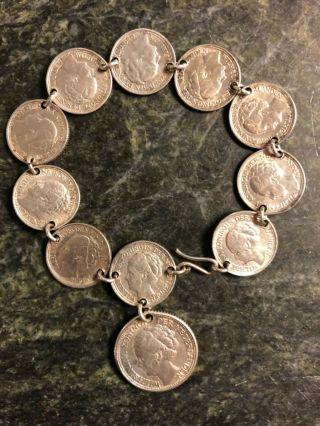 Vintage 7 " Sterling & 640 Silver Netherlands 1944 1938 Wwii Coin Bracelet