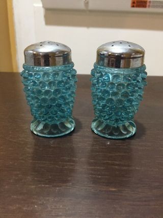 Vtg Fenton Opalescent Blue Hobnail Pattern Salt & Pepper Shakers Set
