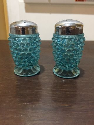 VTG Fenton Opalescent Blue Hobnail Pattern Salt & Pepper Shakers Set 2