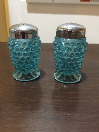 VTG Fenton Opalescent Blue Hobnail Pattern Salt & Pepper Shakers Set 3