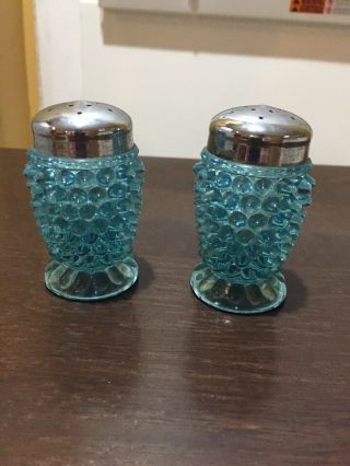 VTG Fenton Opalescent Blue Hobnail Pattern Salt & Pepper Shakers Set 4