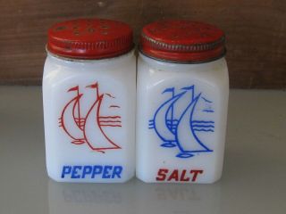 Vintage Hazel Atlas Milk Glass Sail Boat Salt Pepper Shakers