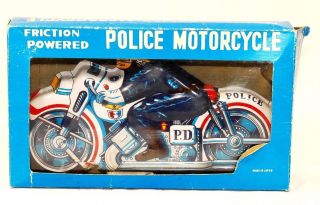Police Motorcycle Vintage Japanese Friction Powered Tin Toy W/paper Box