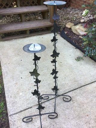 Vintage WROUGHT IRON Ivy Pillar Patio Porch Candle Holders SET OF 2 30/7 23/7 4
