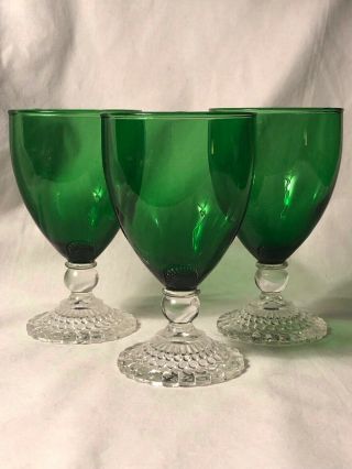 3 Vtg Anchor Hocking Forest Green Glass Clear Bubble Hobnail Stem Water Goblets
