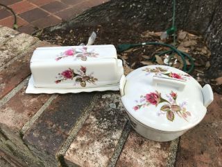 2 Vtg Moss Rose China Covered Butter Dish And Covered Round Butter Bucket