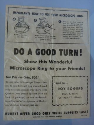 Vintage 1949 Roy Rogers Microscope Ring Quaker Oats Instruction Sheet