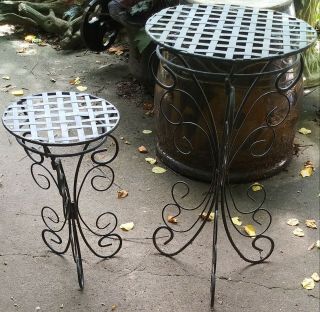 Set 2 Table Plant Stands Wrought Iron Vintage Indoor Outdoor Flowers Decor