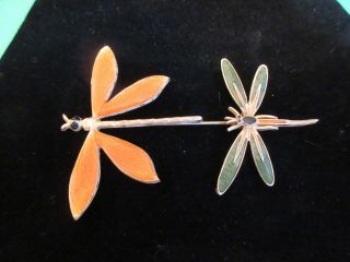 Vintage Enamel Double Dragonfly Stick Pin,  Orange Green Black,  Gold Tone