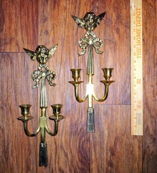 Vintage Pair 15 " Brass Double Arm Candle Holder Sconce Angels Cupids Wall Hung