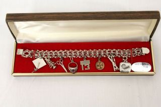 Vintage Rheingold Sterling Silver Charm Bracelet Triple Link 7 1/2 " 8 Charms