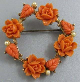 High End Vintage Jewelry Molded Orange Flower Ring Brooch Pin Rhinestone O