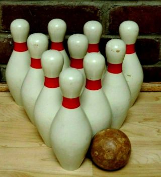 Vintage 7 1/2 " Wood Ten Pins Bowling & Wood Ball White With Red Stripe Complete