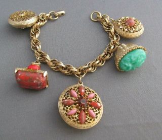 Chunky Vintage Victorian Etruscan Gold Tone Rhinestone Twist Charm Bracelet