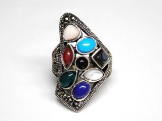 Vintage Multi - Stone Turquoise Onyx Lapis Marcasite Sterling Silver Ring Sz 7