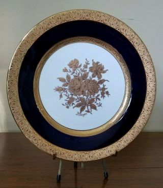 Vtg France Limoges La Reine Cobalt Blue/gold Flower Scene Porcelain 10 " Plate