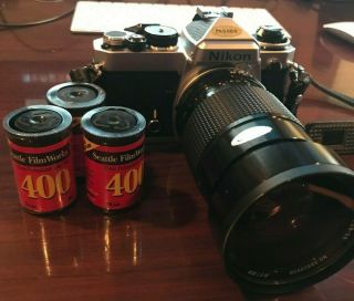Vintage Nikon Fe 35mm Slr Film Camera With Vivitar Series 1 Macro Focusing Lens
