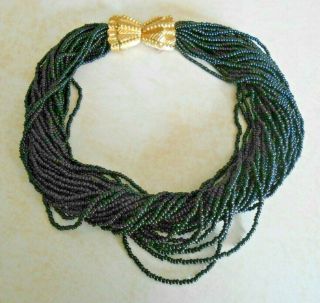 Vintage Gold Tone Clasp Multi Strand Twisted Black Beads With Chunky Clasp - Z9