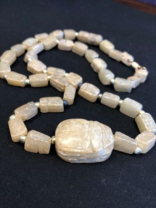 Vintage Necklace Carved Soap Stone Beaded Scarab pendant Egyptian 1 1/20 14k 3