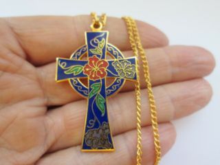 Vintage Gold Sapphire Red Cloisonne Enamel Flower Celtic Cross Pendant Necklace
