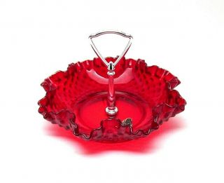 Vintage Fenton Ruby Red Hobnail Handled Ruffled Candy Dish