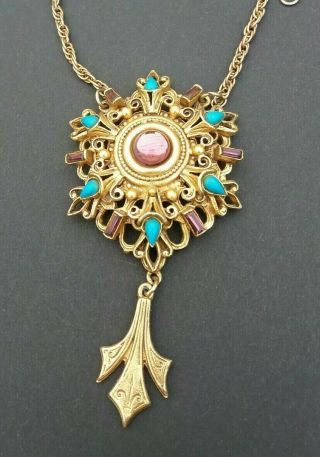Vintage Florenza Goldtone Pendant Chain Necklace Glass Gems Big Statement Piece