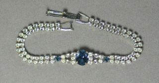 Vintage Signed Lind Silver Tone Clear & Blue Rhinestone Bracelet 7 "