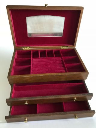 Vintage Solid Wood Jewelry Box - Ring Holder Compartments,  2 Drawers - Japan