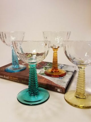 Set Of 4 Hard To Find Vintage Cordial/wine/cocktail Glasses With Colored Stems