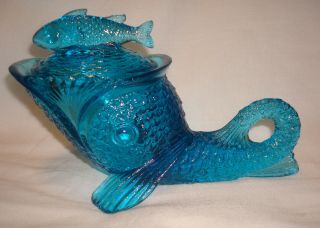 Vintage Blue Glass Dolphin Koi Fish Animal Covered Dish Candy Bowl W/lid