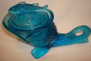 Vintage Blue Glass Dolphin Koi Fish Animal Covered Dish Candy Bowl w/Lid 2