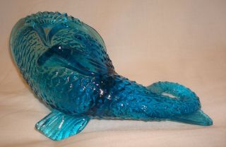 Vintage Blue Glass Dolphin Koi Fish Animal Covered Dish Candy Bowl w/Lid 4