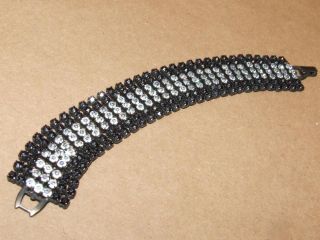Vintage 1950s Black & Clear Prong Set Rhinestone 7 Row Link Bracelet 7 " X 7/8 "