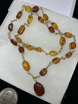 Vintage Amber Beads Solid 10k Gold Wire Wrapped Necklace 18” 4.  7 Grams