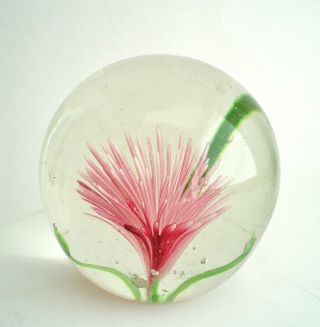 Vintage Art Glass Hand Blown Paperweight Pink And Green Floral Burst