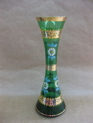 Vintage Bohemian Green Glass Vase Floral Enamel & Gilt Decoration 8 " 20cm